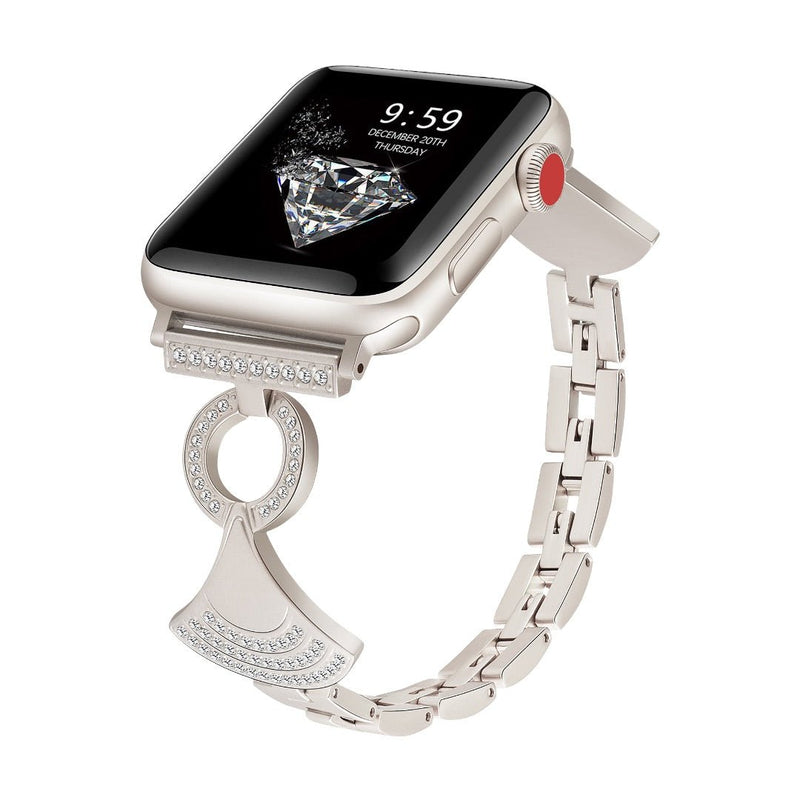 Bracelet modulable argenté en éventail orné de zircons pour Apple Watch, modèle Katina.