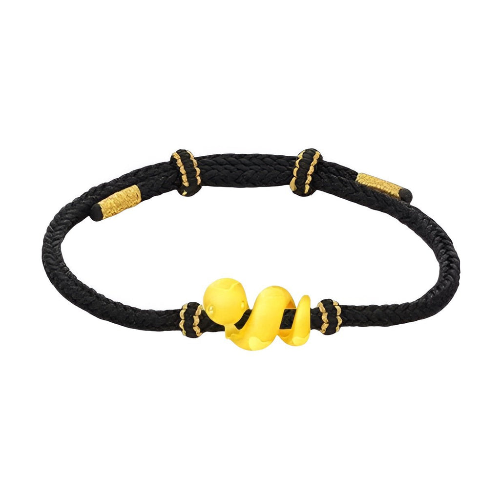 Bracelet noir en fil ciré avec serpent doré enroulé au centre, style moderne et élégant.