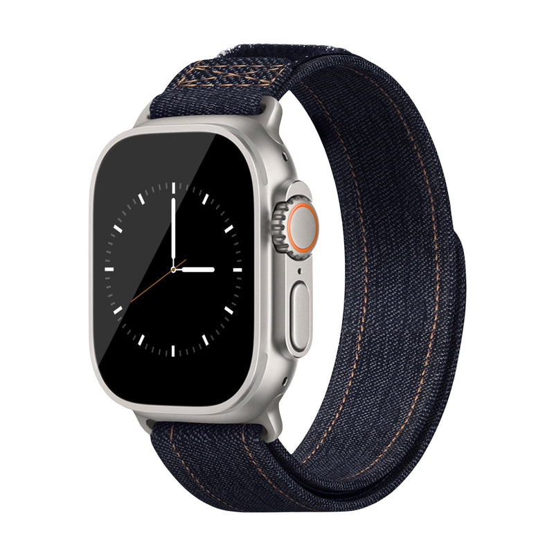 Bracelet en jean denim bleu foncé, style casual chic, ajustable pour Apple Watch 38-42 mm.