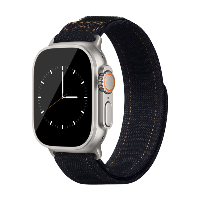Bracelet en jean denim bleu foncé avec couture orange pour Apple Watch, modèle Locarne, ajustable.