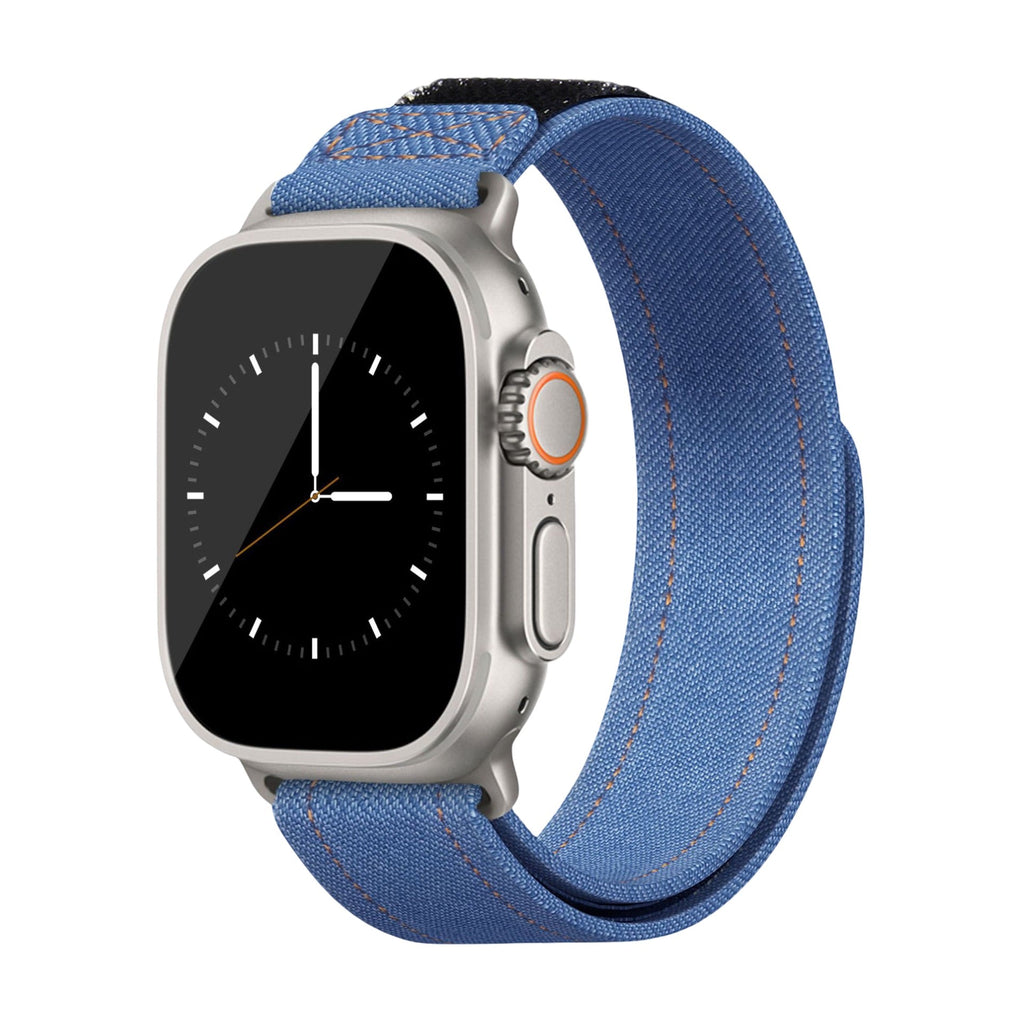 Bracelet en jean denim bleu clair ajustable pour Apple Watch, style casual élégant.