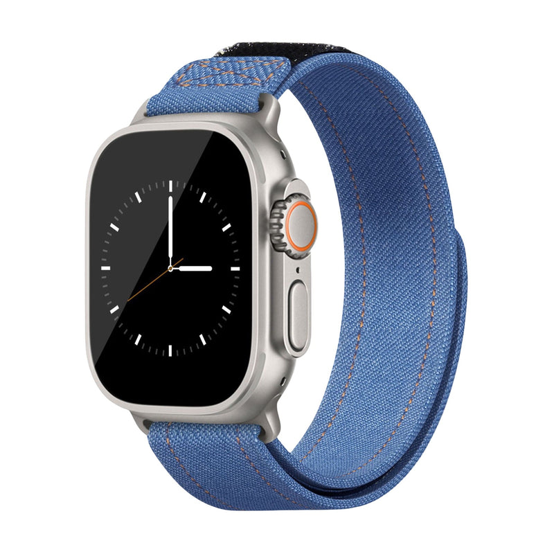 Bracelet en jean denim bleu clair ajustable pour Apple Watch, style casual élégant.