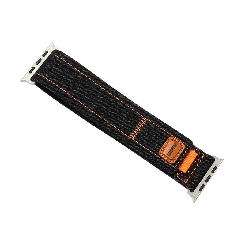 Bracelet en jean denim noir avec coutures orange, pour Apple Watch, ajustable, modèle Locarne.
