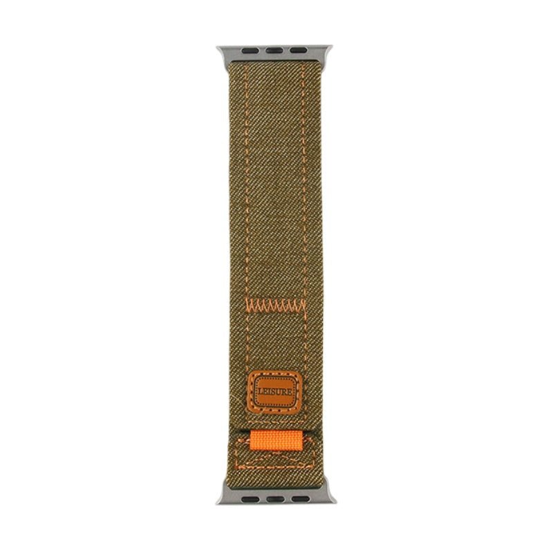 Bracelet en jean kaki avec surpiqûres orange, modèle ajustable pour Apple Watch.