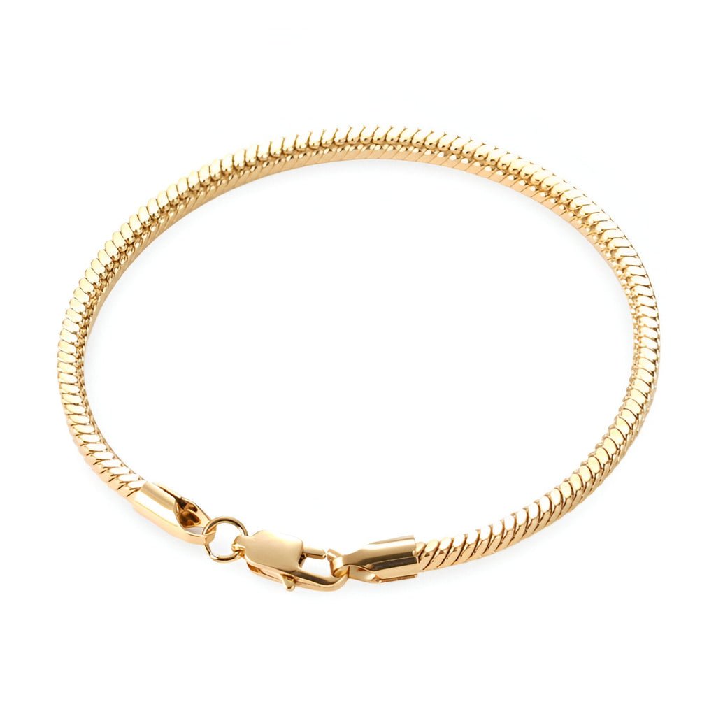Bracelet jonc en acier inoxydable doré, maille serpent lisse avec fermoir mousqueton.