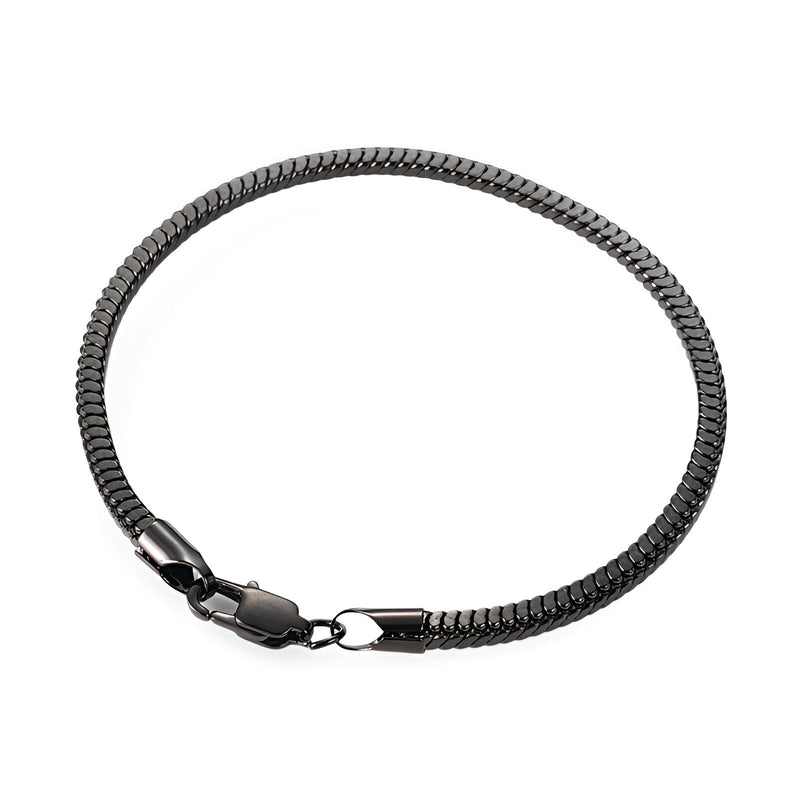 Bracelet fin en maille serpent en acier inoxydable noir avec fermoir élégant.
