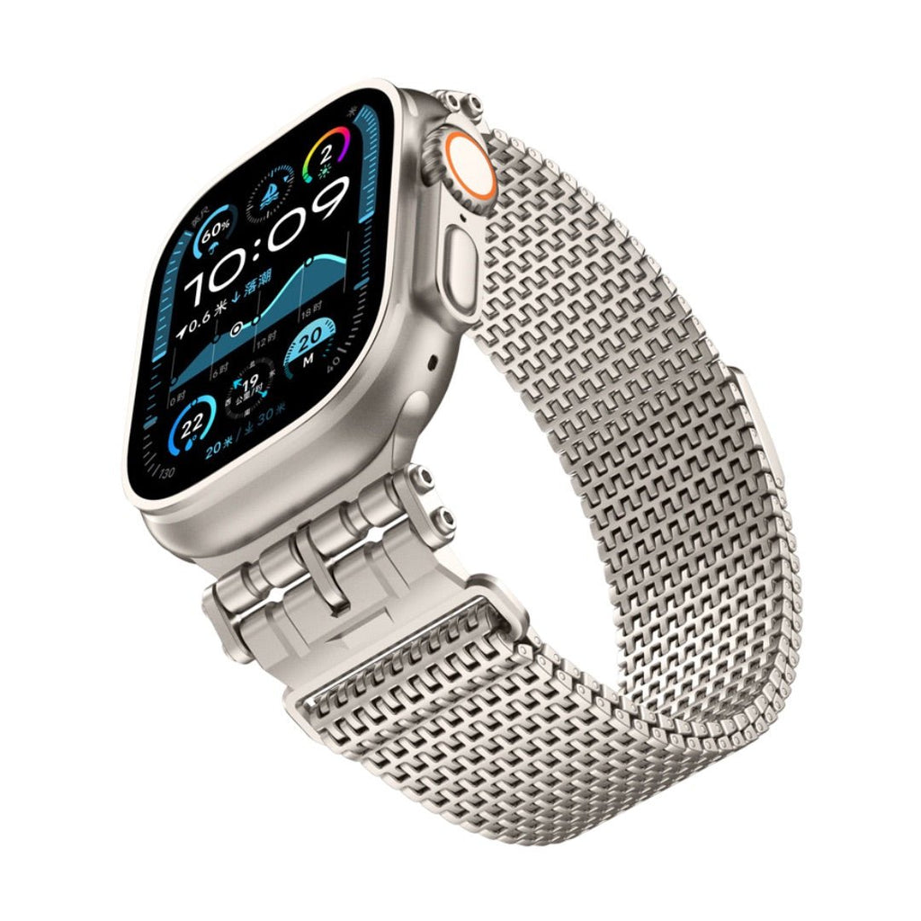 Bracelet maille épaisse argentée ajustable pour Apple Watch avec fermoir magnétique.