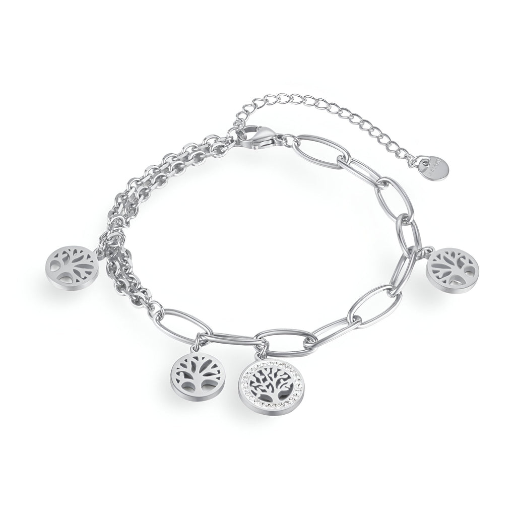 Bracelet en acier inoxydable argenté avec maillons épais et pendentifs arbre de vie sous forme de médaillons circulaires.