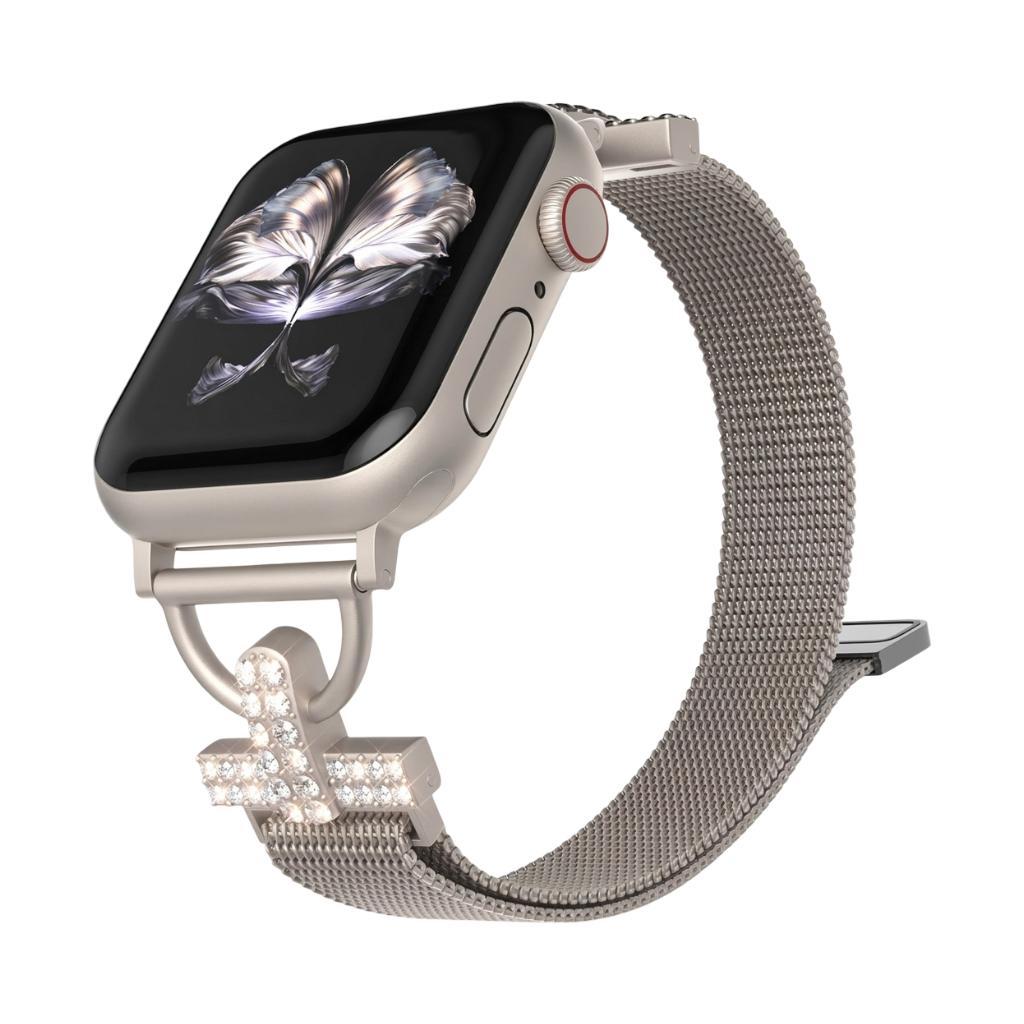 Brazalete de malla para Apple Watch, acero inoxidable con cierre magnético, adorno de cruz y óxido de circonio, modelo Aménia