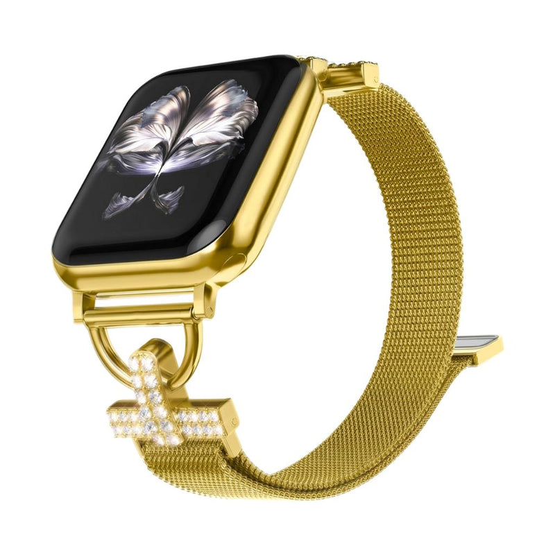 Brazalete de malla para Apple Watch, acero inoxidable con cierre magnético, adorno de cruz y óxido de circonio, modelo Aménia
