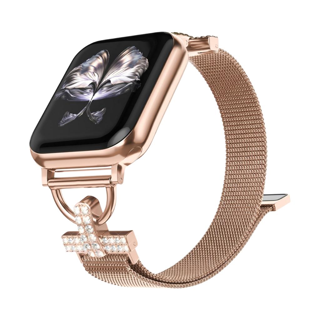 Brazalete de malla para Apple Watch, acero inoxidable con cierre magnético, adorno de cruz y óxido de circonio, modelo Aménia
