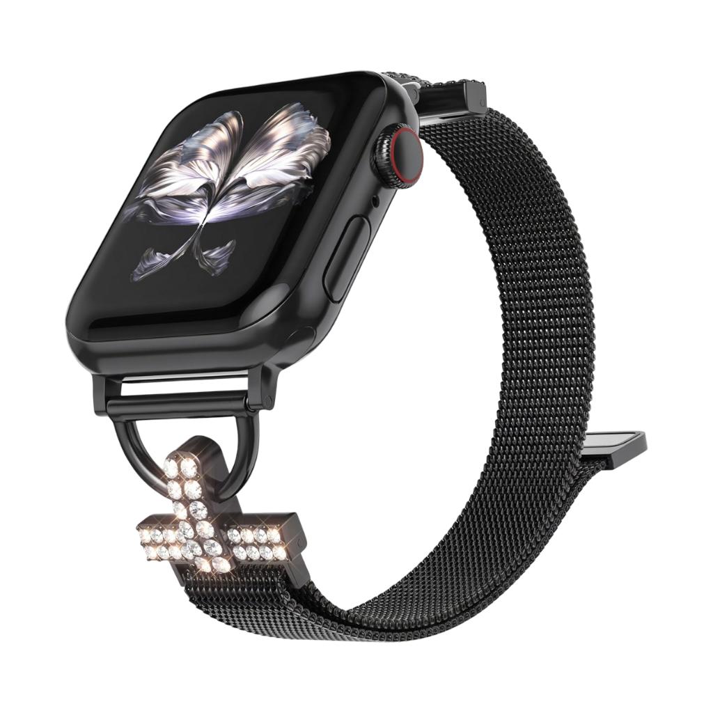 Brazalete de malla para Apple Watch, acero inoxidable con cierre magnético, adorno de cruz y óxido de circonio, modelo Aménia