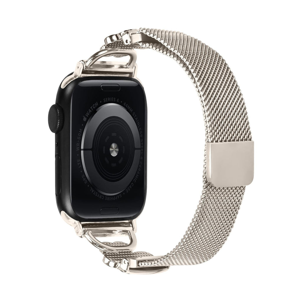 Brazalete de malla para Apple Watch, acero inoxidable con cierre magnético, colgante de trébol engastado con óxido de circonio y nácar, modelo Podale