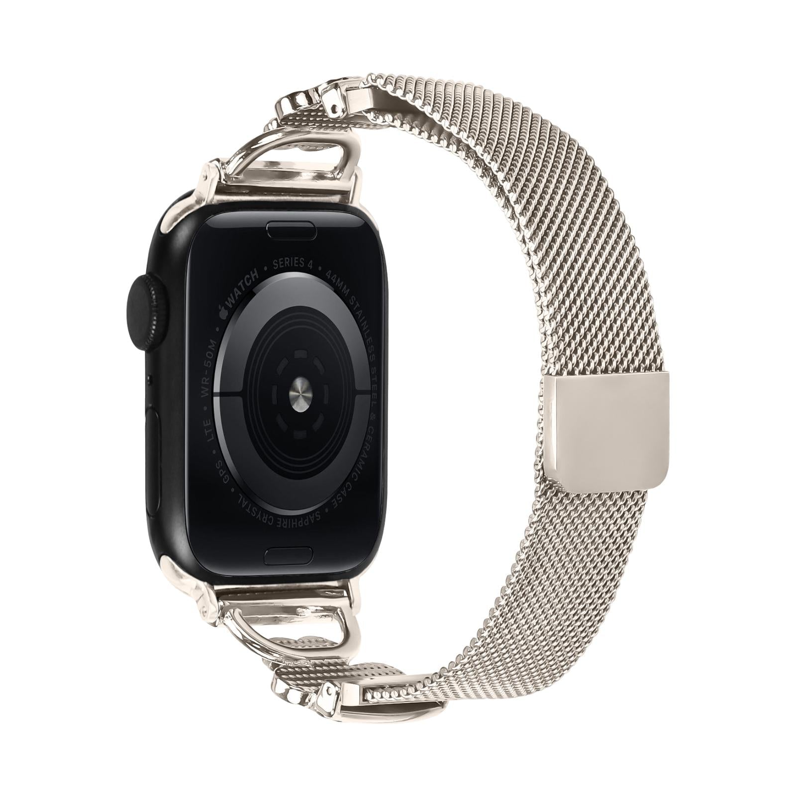 Brazalete de malla para Apple Watch, acero inoxidable con cierre magnético, colgante de trébol engastado con óxido de circonio y nácar, modelo Podale