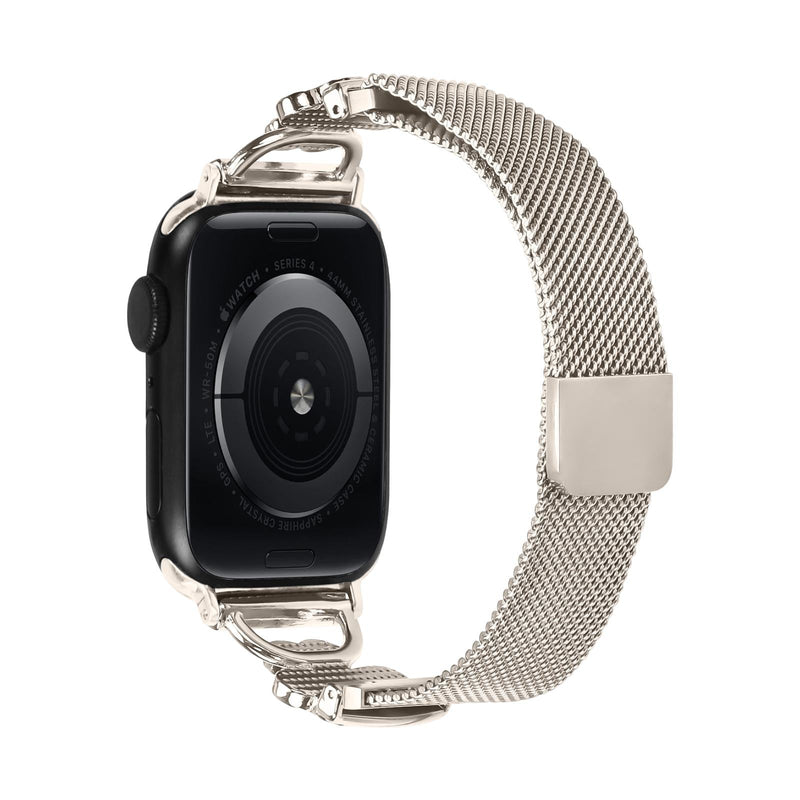 Brazalete de malla para Apple Watch, acero inoxidable con cierre magnético, colgante de trébol engastado con óxido de circonio y nácar, modelo Podale