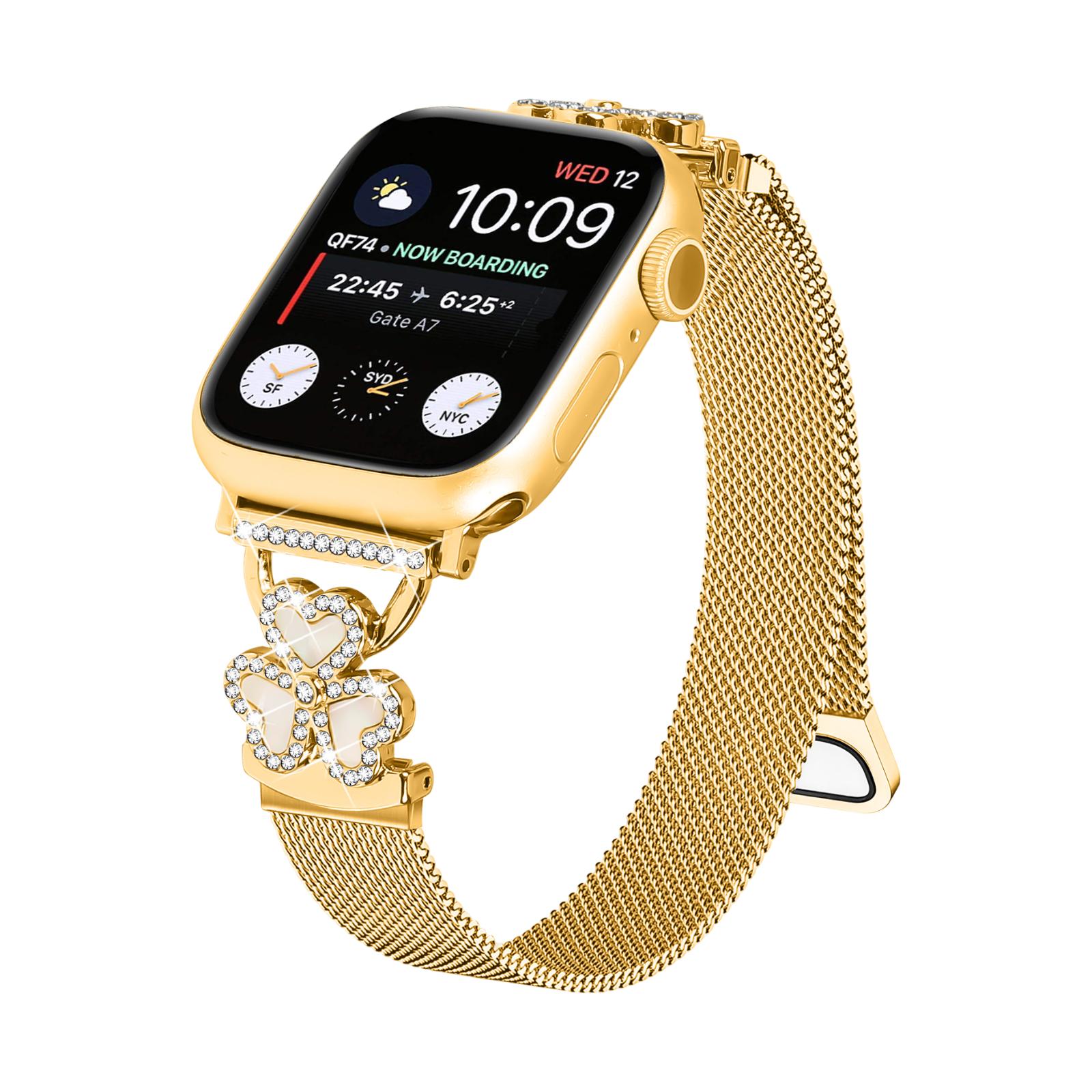 Brazalete de malla para Apple Watch, acero inoxidable con cierre magnético, colgante de trébol engastado con óxido de circonio y nácar, modelo Podale