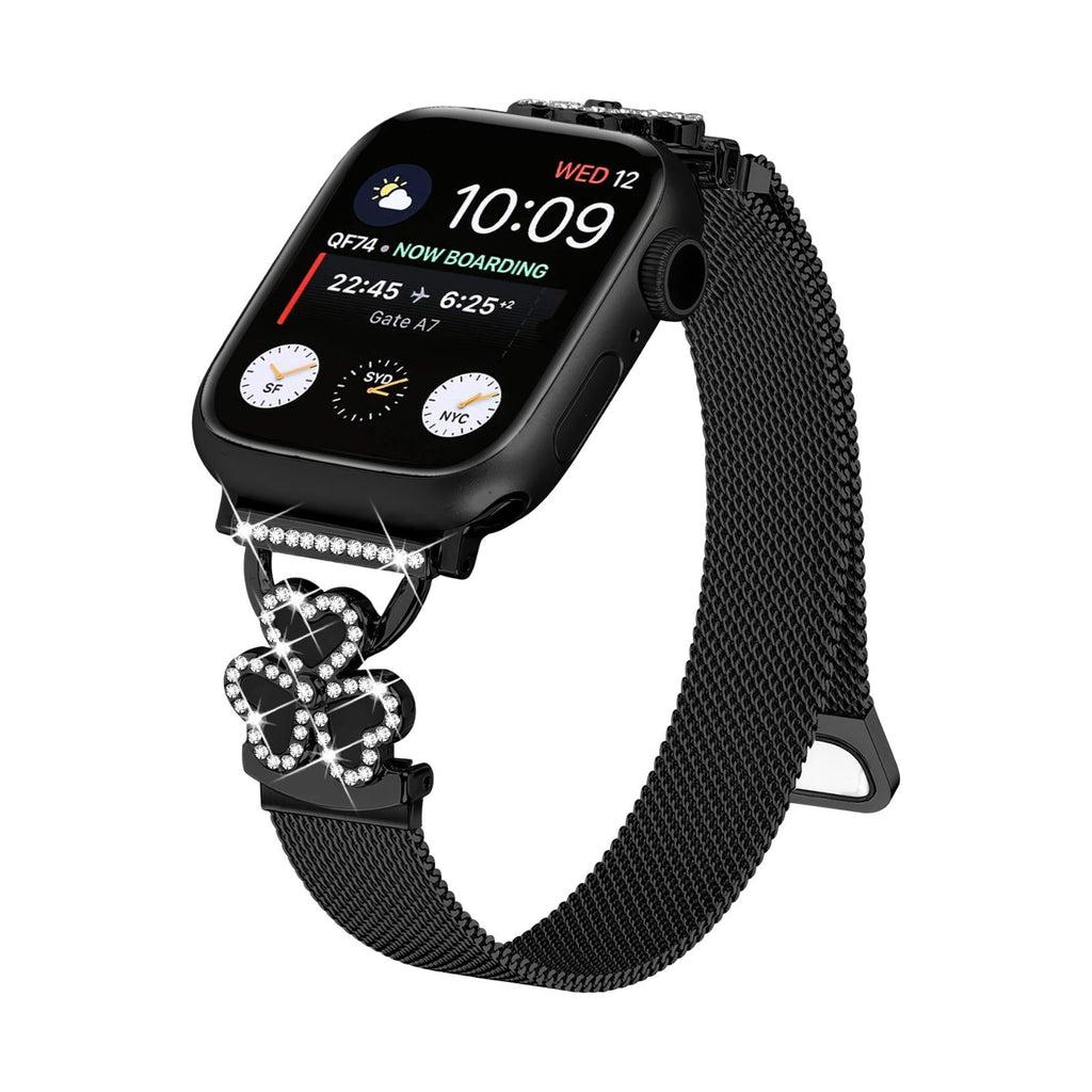Brazalete de malla para Apple Watch, acero inoxidable con cierre magnético, colgante de trébol engastado con óxido de circonio y nácar, modelo Podale