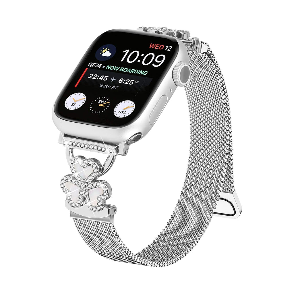 Brazalete de malla para Apple Watch, acero inoxidable con cierre magnético, colgante de trébol engastado con óxido de circonio y nácar, modelo Podale