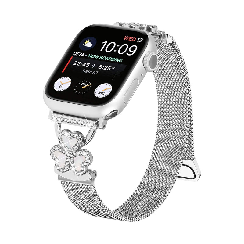 Brazalete de malla para Apple Watch, acero inoxidable con cierre magnético, colgante de trébol engastado con óxido de circonio y nácar, modelo Podale
