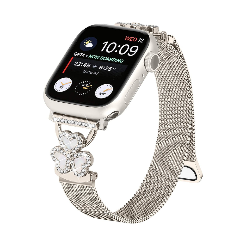 Brazalete de malla para Apple Watch, acero inoxidable con cierre magnético, colgante de trébol engastado con óxido de circonio y nácar, modelo Podale