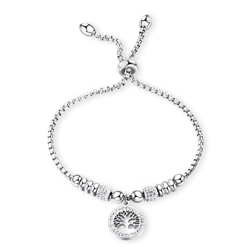 Bracelet en maille argentée avec pendentif arbre de vie en titane orné de zircon synthétique.