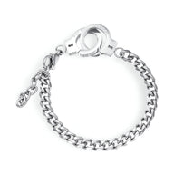 Bracelet femme en acier inoxydable argenté avec maille épaisse et menottes en pendentif.