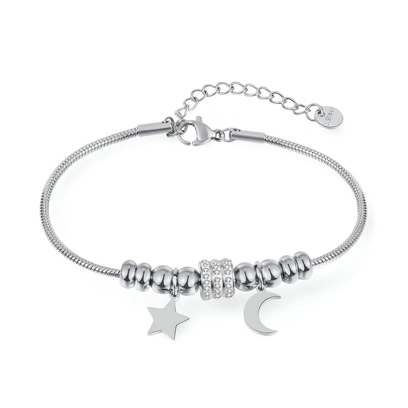 Bracelet serpent argenté pour femme avec pendentifs lune et étoile scintillants en acier inoxydable.