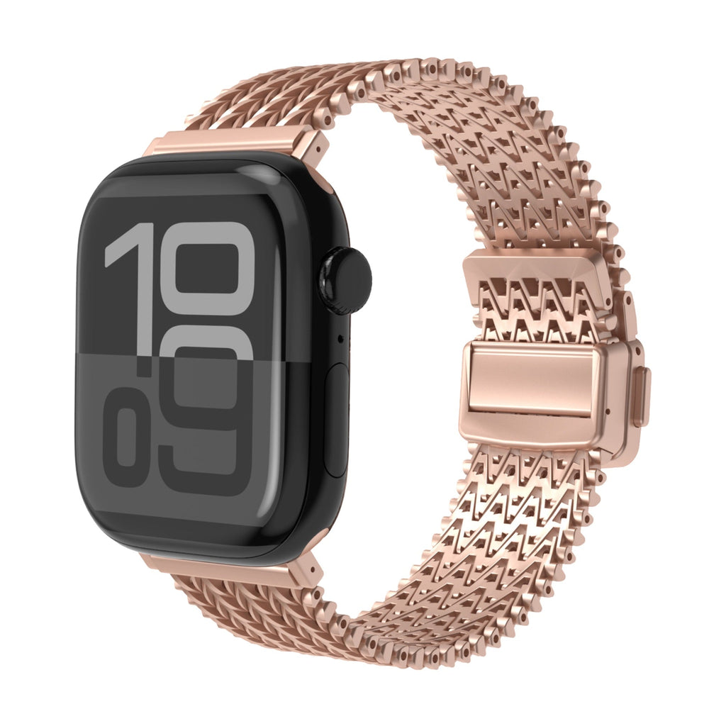 Bracelet en maille V épaisse or rosé pour Apple Watch, ajustable, boucle déployante métallique.