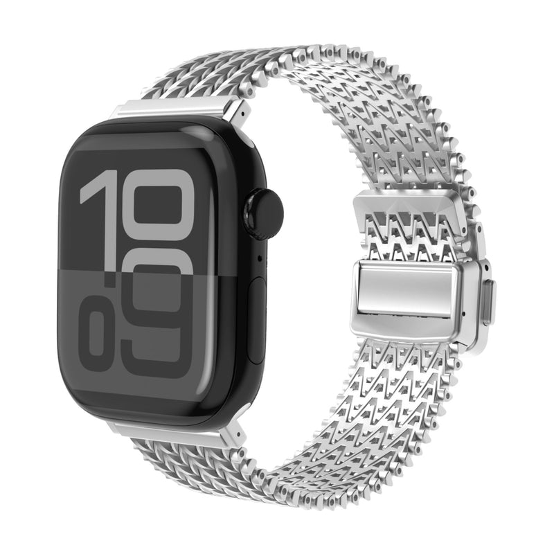 Bracelet en maille V épaisse argentée pour Apple Watch, ajustable, métal lisse et robuste.