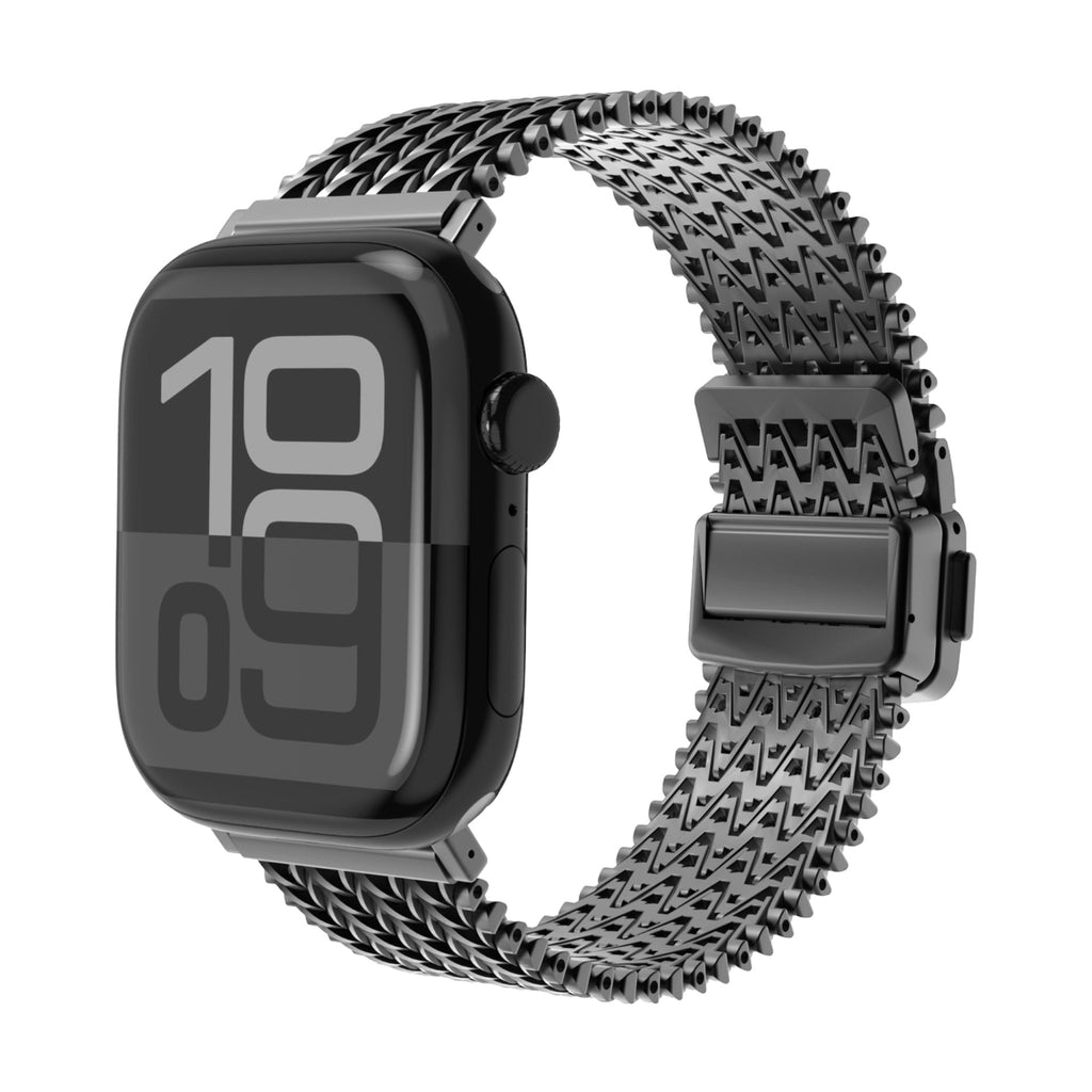 Bracelet en maille V épaisse noire et ajustable pour Apple Watch, fixation métallique robuste.