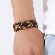 Bracelet homme entrelacé en microfibre marron et beige style corde tressée.