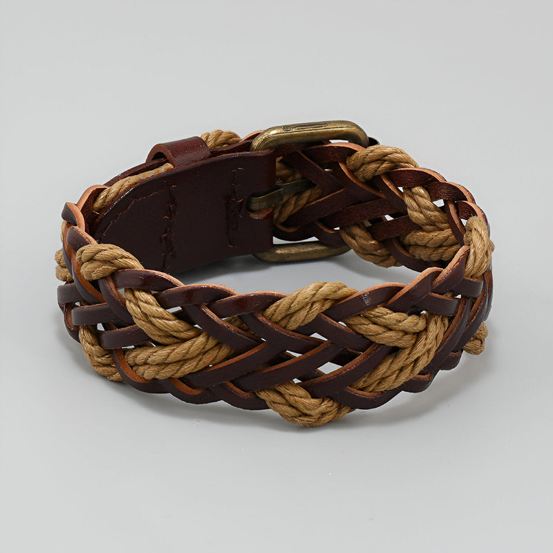 Bracelet homme marron en microfibre et corde tressée avec boucle métallique bronze.