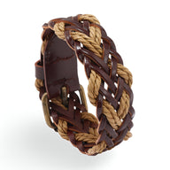 Bracelet homme tressé en microfibre marron et corde beige avec boucle métallique antique.