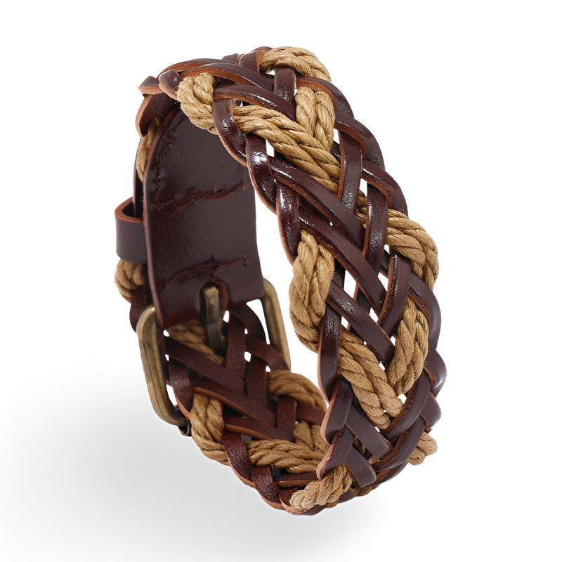 Bracelet homme tressé en microfibre marron et corde beige avec boucle métallique antique.