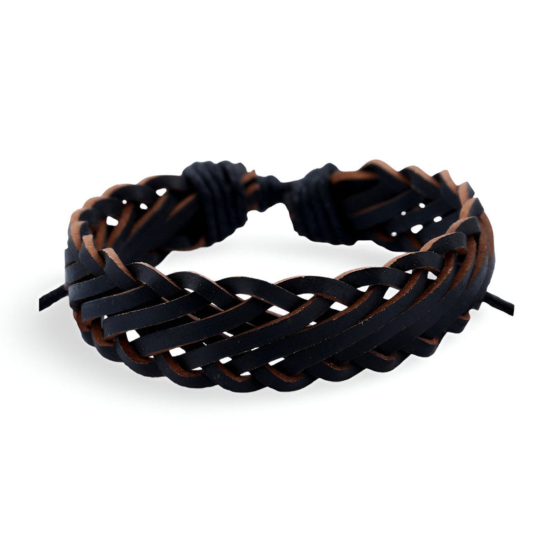 Bracelet mixte torsadé en microfibre noir et marron avec nouage ajustable.