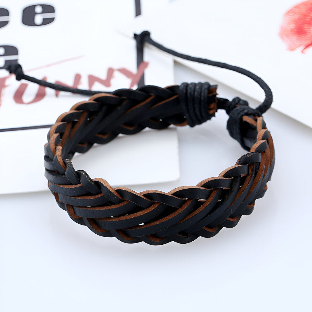 Bracelet mixte en microfibre torsadée noir et marron avec cordon réglable.