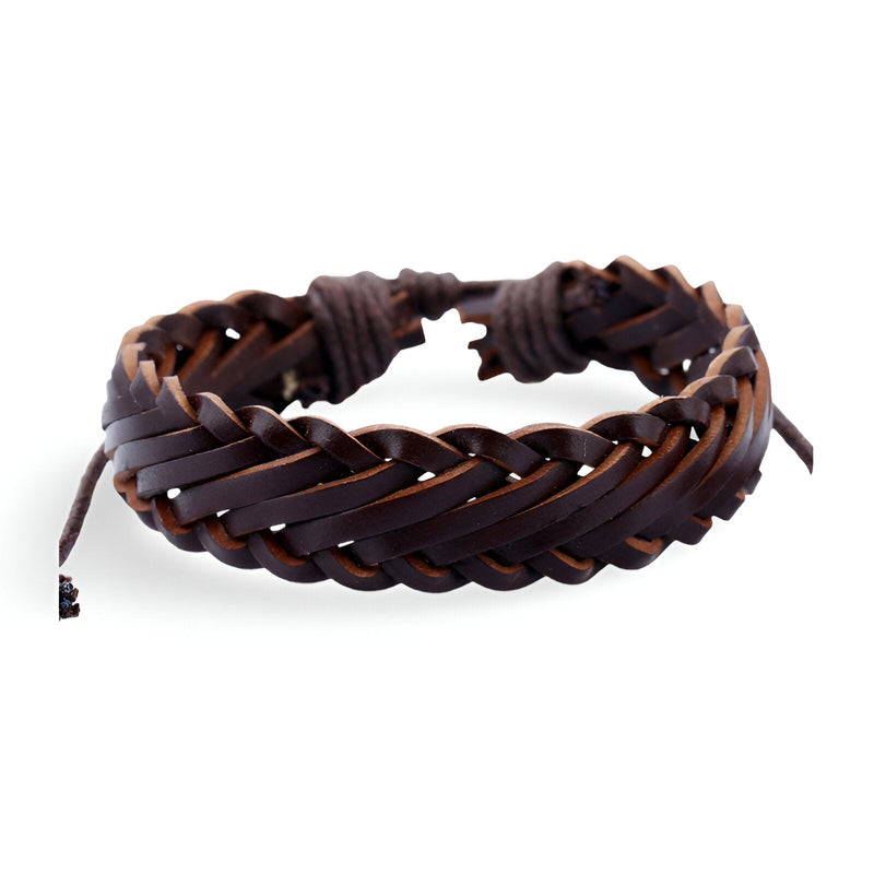 Bracelet torsadé en microfibre marron, style unisexe avec fermoir ajustable.