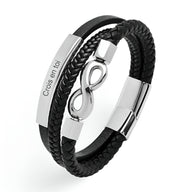 Bracelet homme noir multi-rangs en microfibre avec motif infini argenté et plaque gravée "Crois en toi".