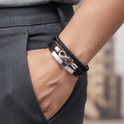 Bracelet homme multi-rangs en microfibre noire avec motif infini argenté et détails métalliques brillants.