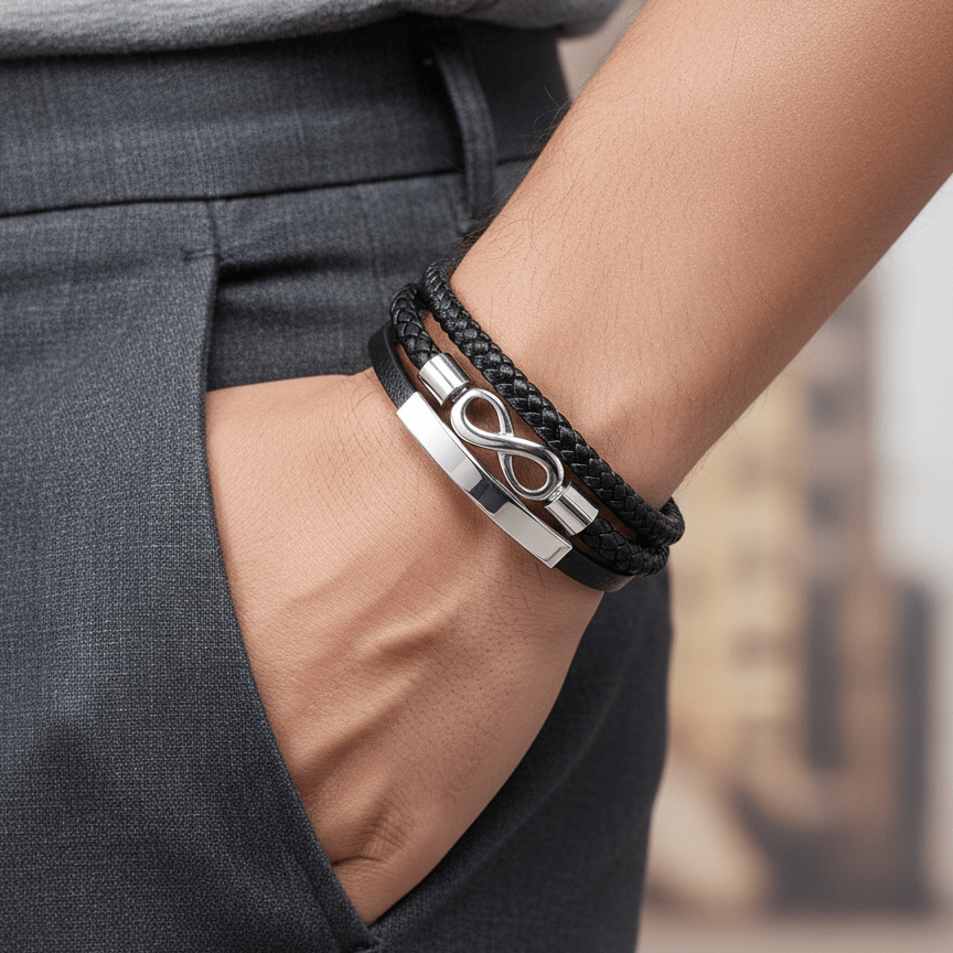 Bracelet homme multi-rangs en microfibre noire avec motif infini argenté et détails métalliques brillants.
