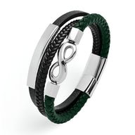 Bracelet multi-rangs en microfibre noir et vert avec motif infini en métal argenté et fermoir magnétique.