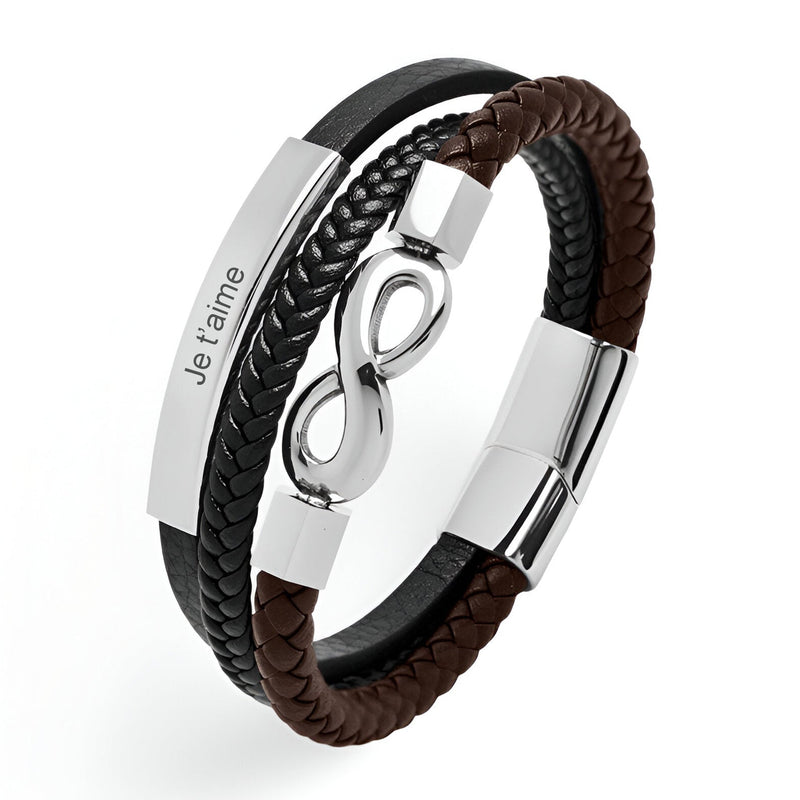 Bracelet multi-rangs noir et marron en microfibre avec motif infini et plaque argentée gravée "Je t'aime".