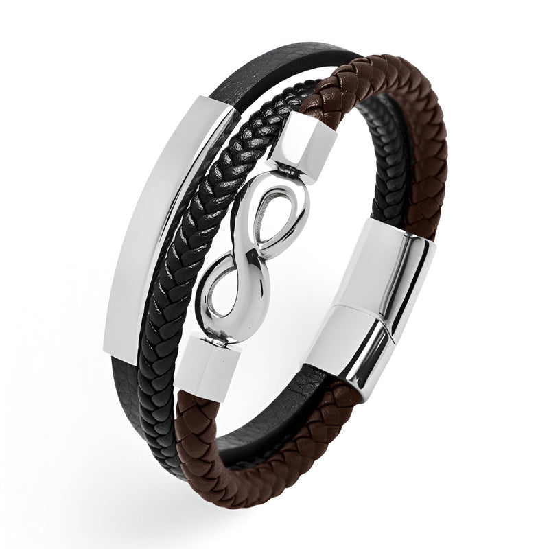 Bracelet multi-rangs en microfibre noir et marron avec motif infini argenté et fermoir métallique brillant.