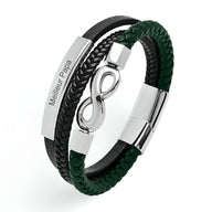 Bracelet multi-rangs en microfibre noir et vert avec motif infini en métal argenté et plaque gravée « Meilleur Papa ».
