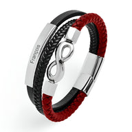 Bracelet multi-rangs en microfibre noir et rouge avec motif infini en métal argenté gravé François.