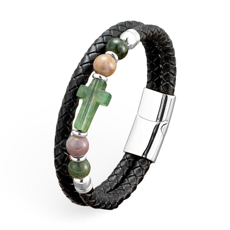 Bracelet homme microfibre noire tressée avec croix verte en pierre et perles multicolores, fermoir argenté brillant.