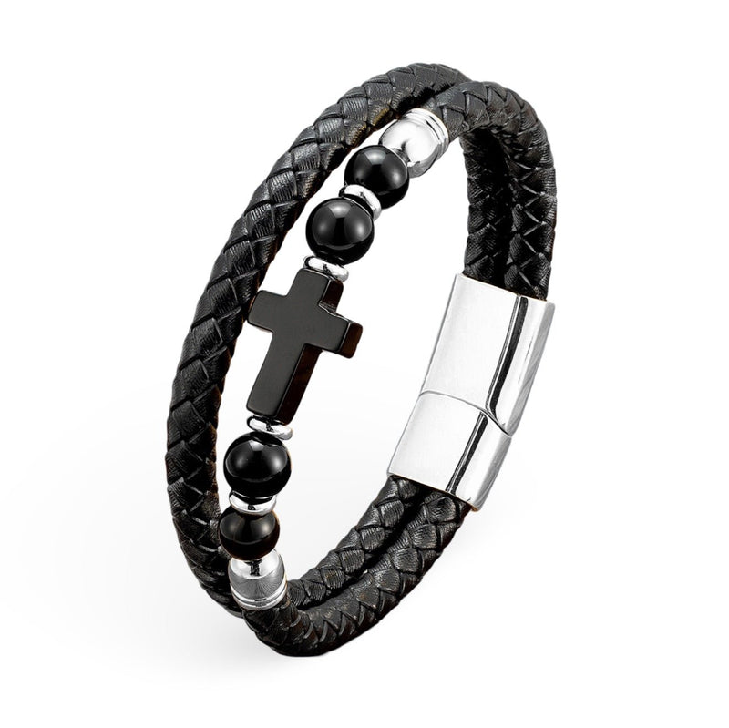 Bracelet homme en microfibre noir tressé avec croix chrétienne en pierre noire et fermoir métallique argenté.