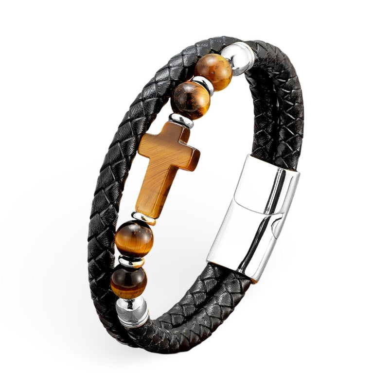 Bracelet noir en microfibre tressée avec croix en pierre œil de tigre et fermoir métallique argenté.