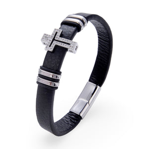 Bracelet en microfibre pour homme, avec croix chrétienne scintillante, modèle Luigi - La Boutique du Bracelet