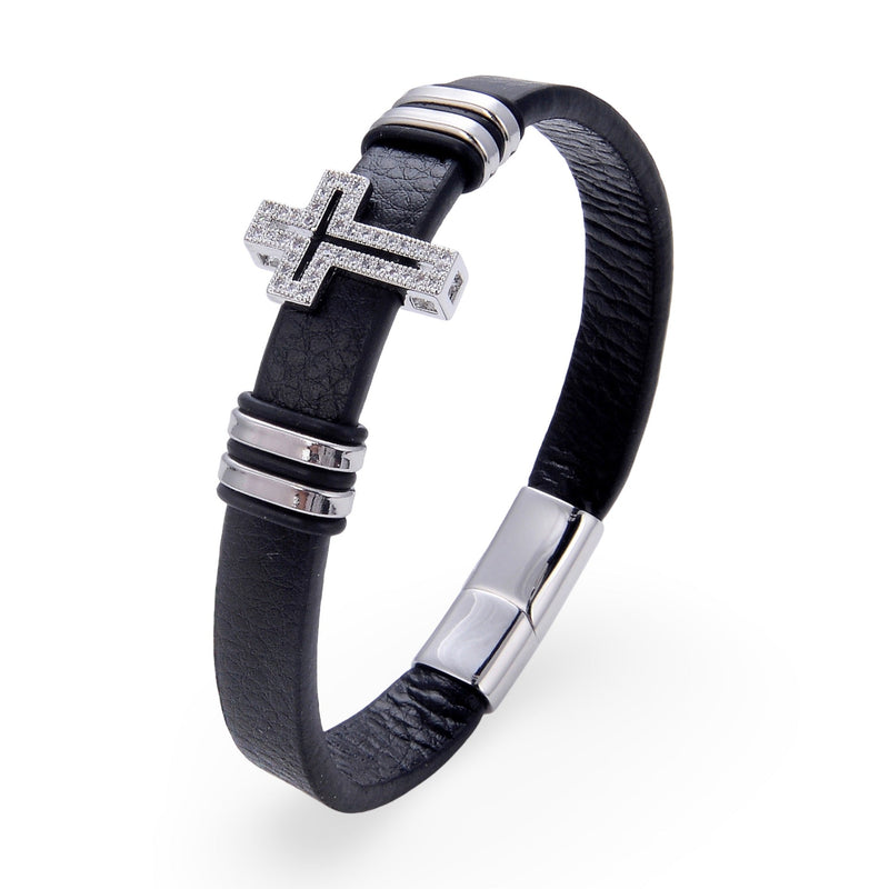 Bracelet noir en microfibre pour homme avec croix chrétienne argentée scintillante et fermoir métallique brillant.